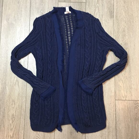 Chico's Blue Open Light long Knit Cardigan with chiffon edge Size 1 - Picture 1 of 7